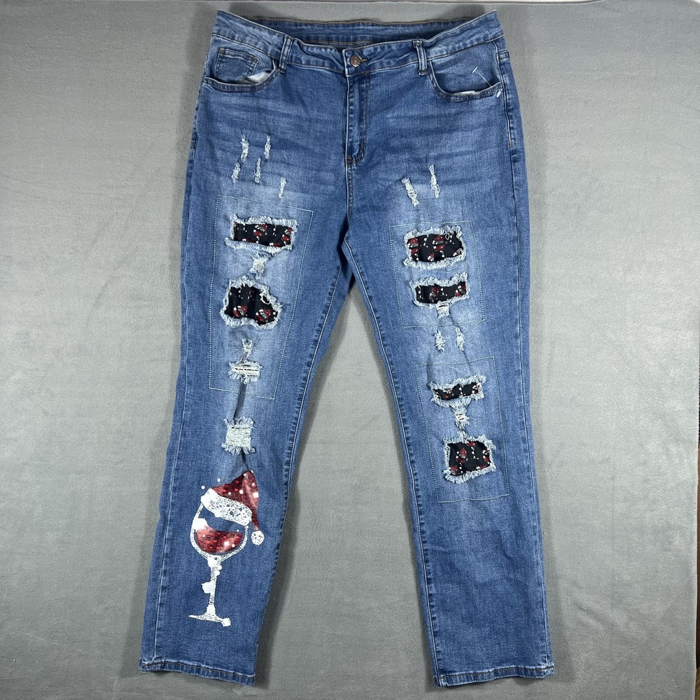 Women's Distressed Jeans Size 18 Blue‎ Denim Ripped Patched Christmas Wine Glass